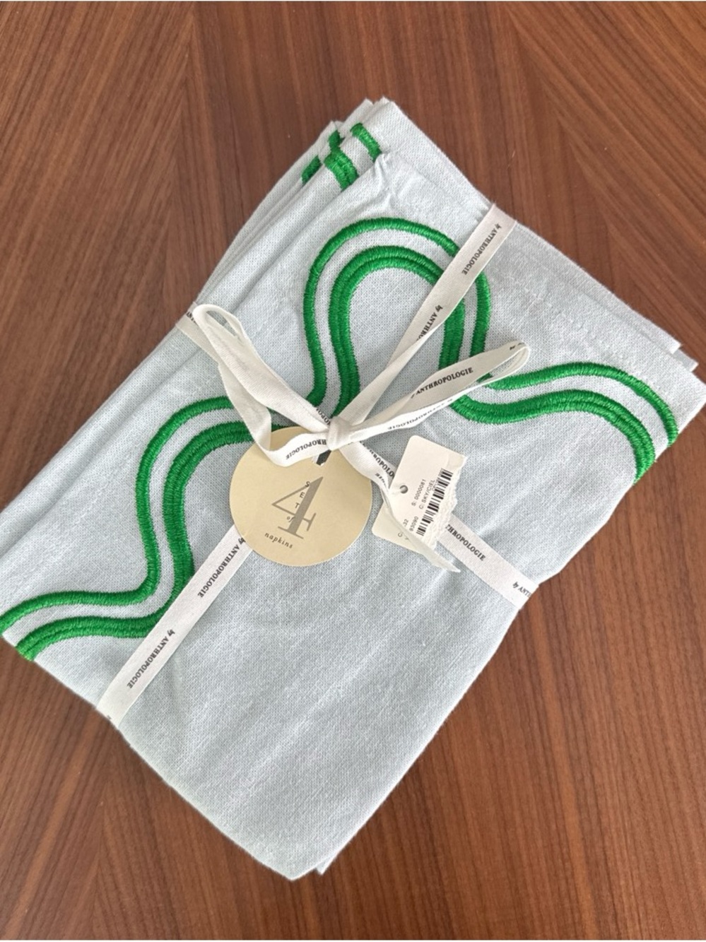 Anthropologie Light Blue Linen Napkins with Green Embroidered Trim - Set of 4